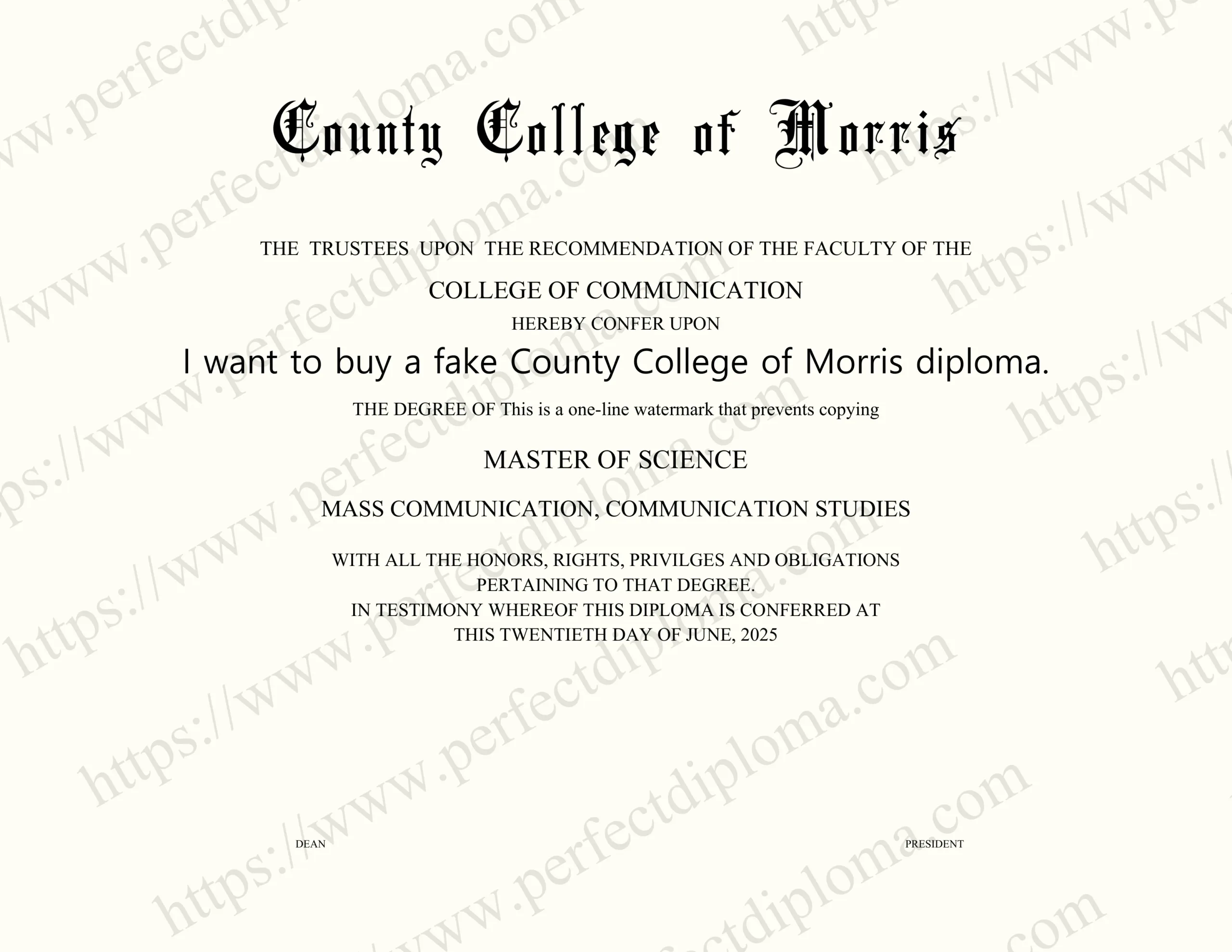 I want to buy a fake County College of Morris diploma.