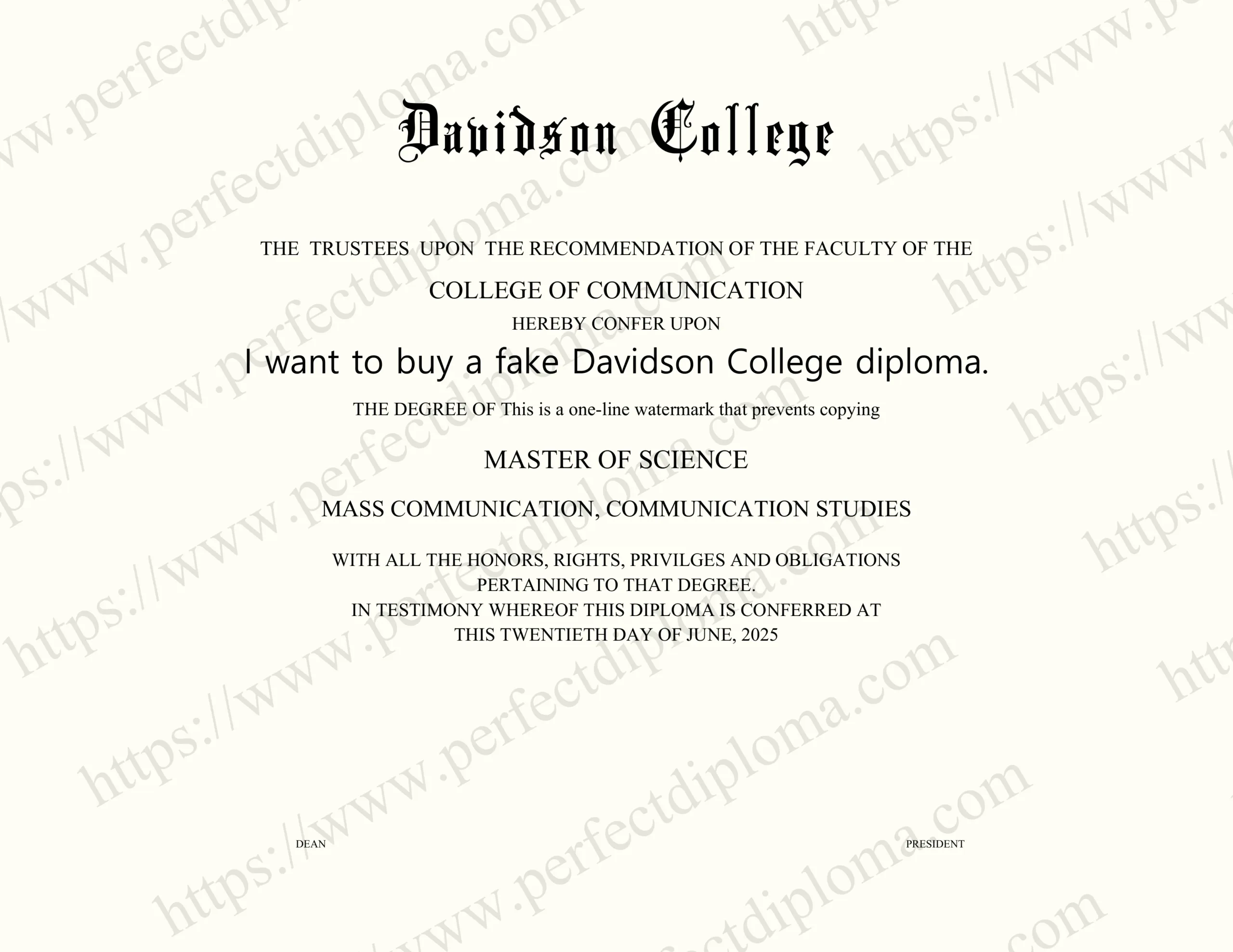 I want to buy a fake Davidson College diploma.