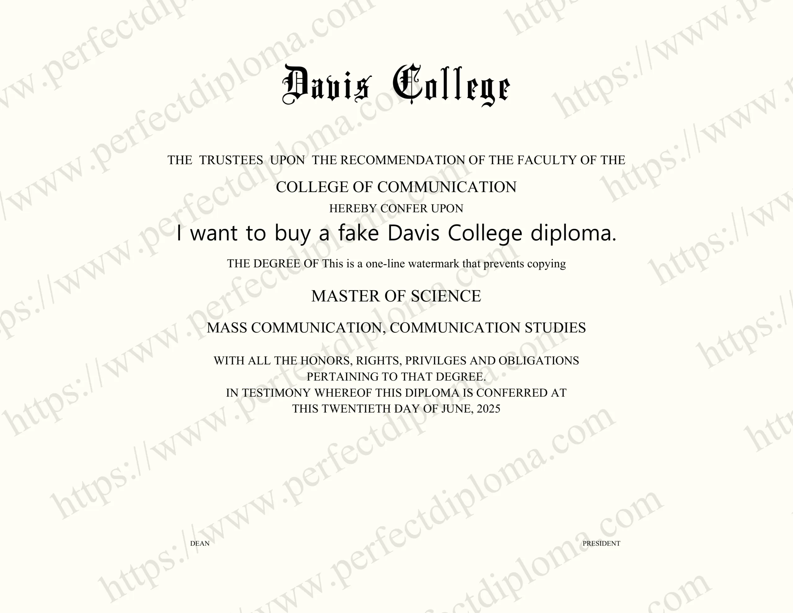 I want to buy a fake Davis College diploma.