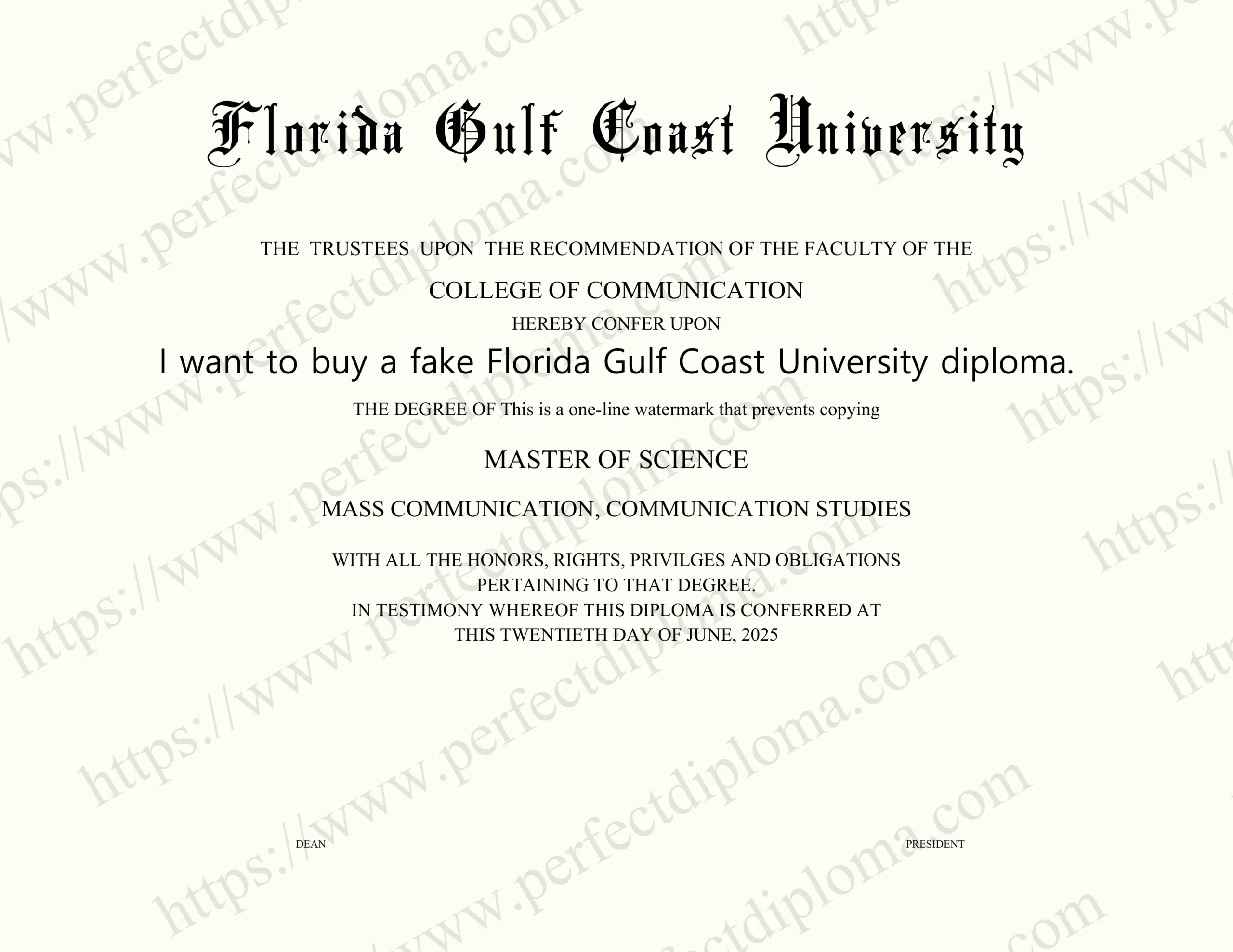 I want to buy a fake Florida Gulf Coast University diploma.