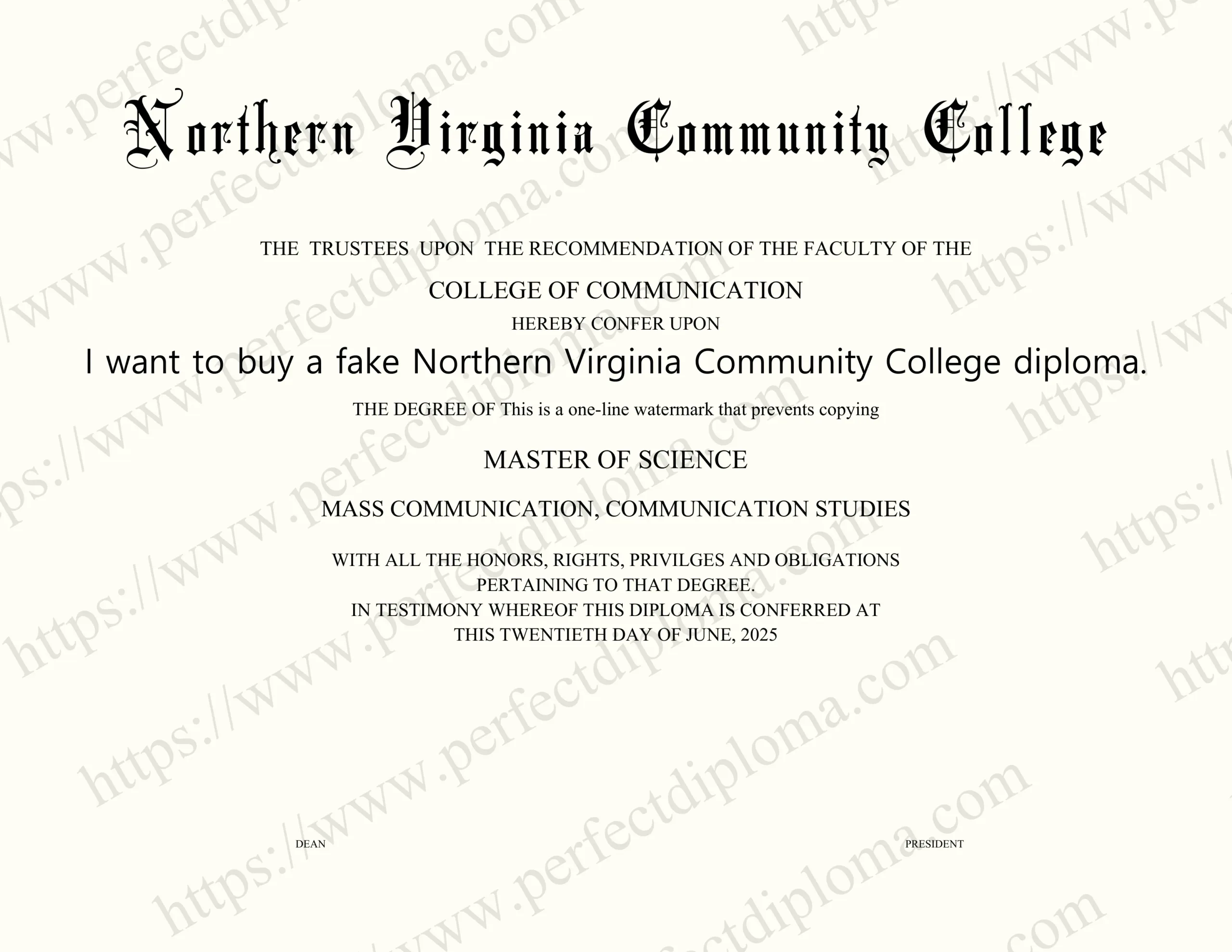 I want to buy a fake Northern Virginia Community College diploma.