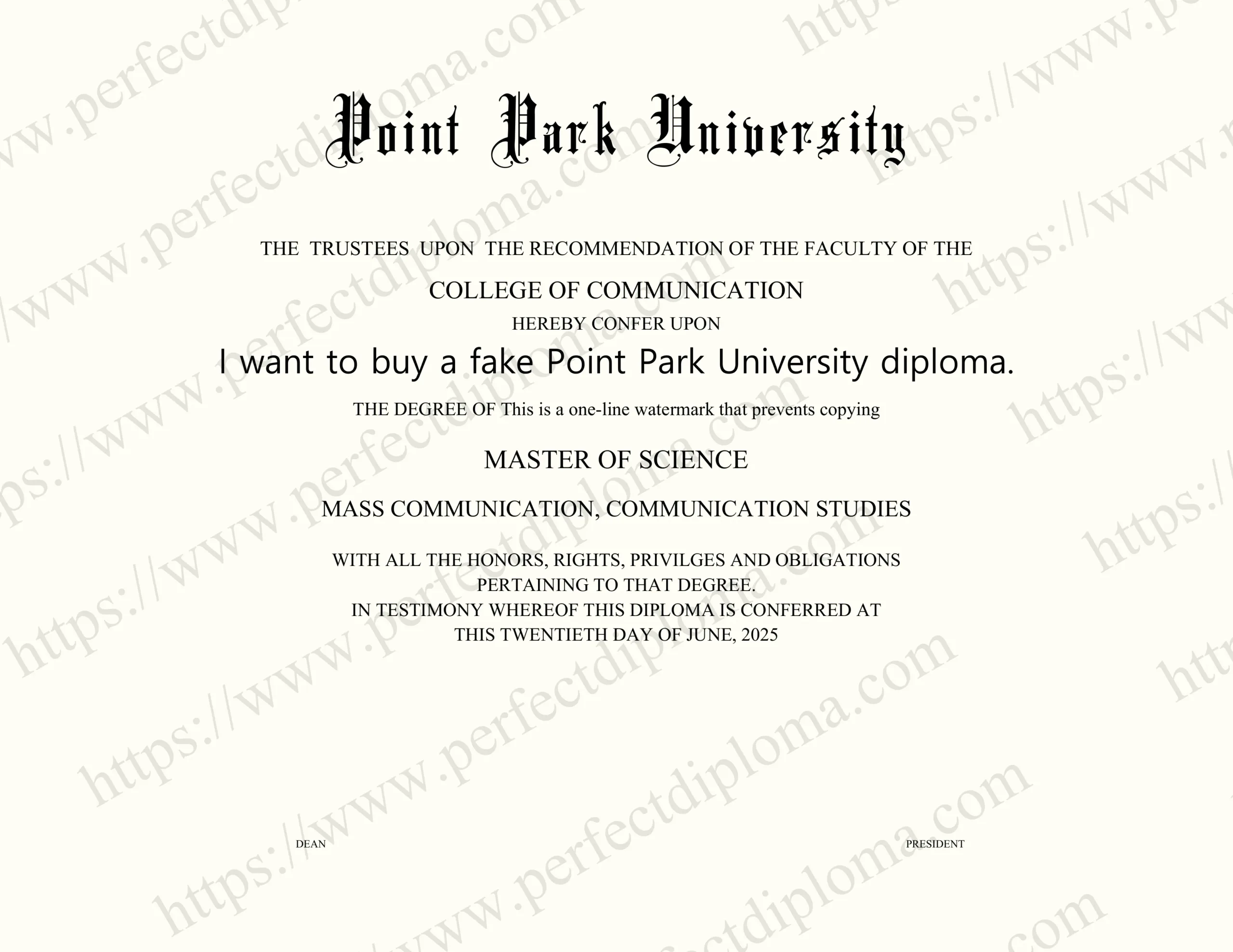 I want to buy a fake Point Park University diploma.