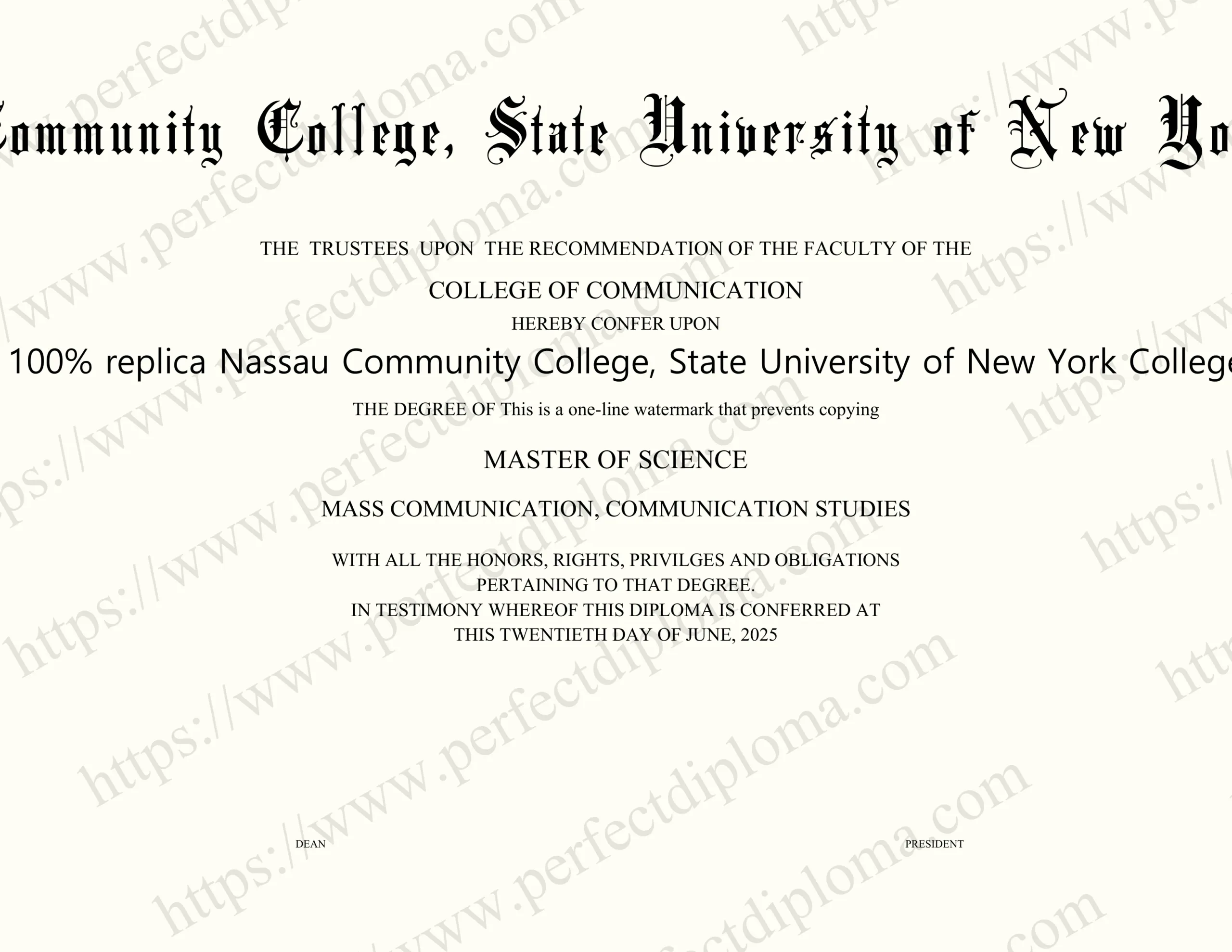 How do I order a 100% replica Nassau Community College, State University of New York College diploma online?