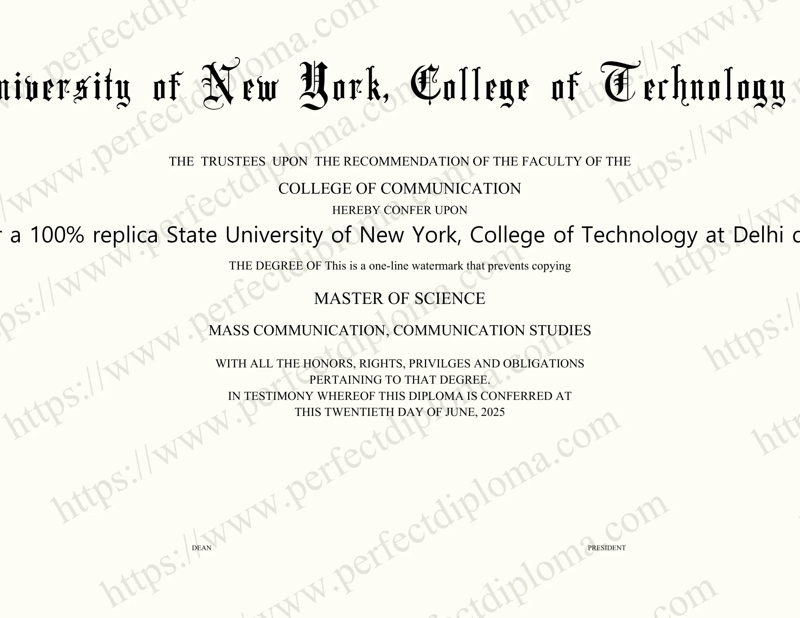 How do I order a 100% replica State University of New York, College of Technology at Delhi diploma online?