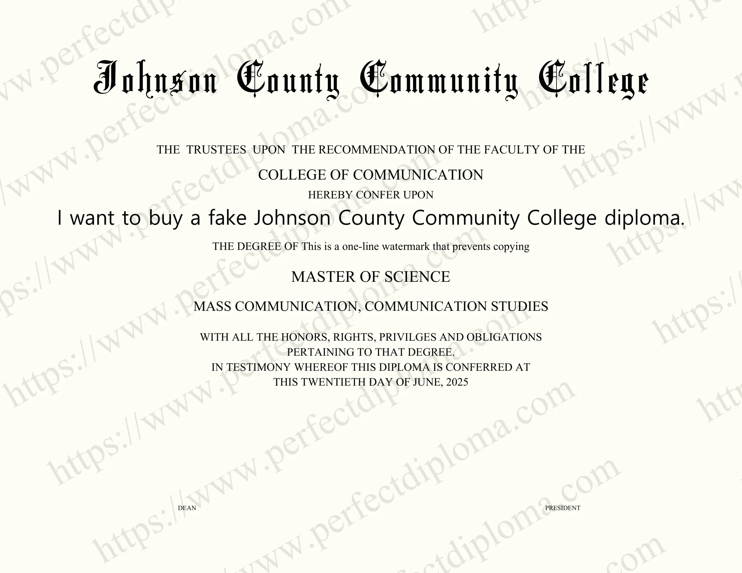 I want to buy a fake Johnson County Community College diploma.