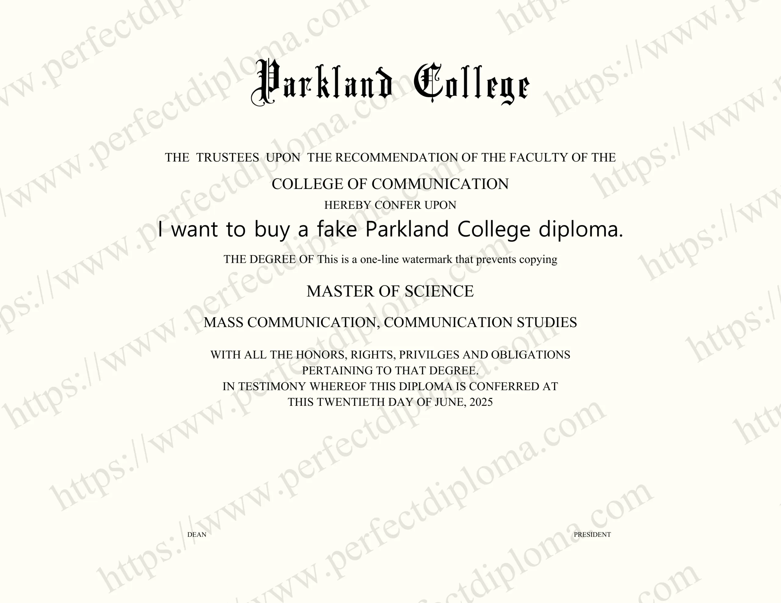 I want to buy a fake Parkland College diploma.
