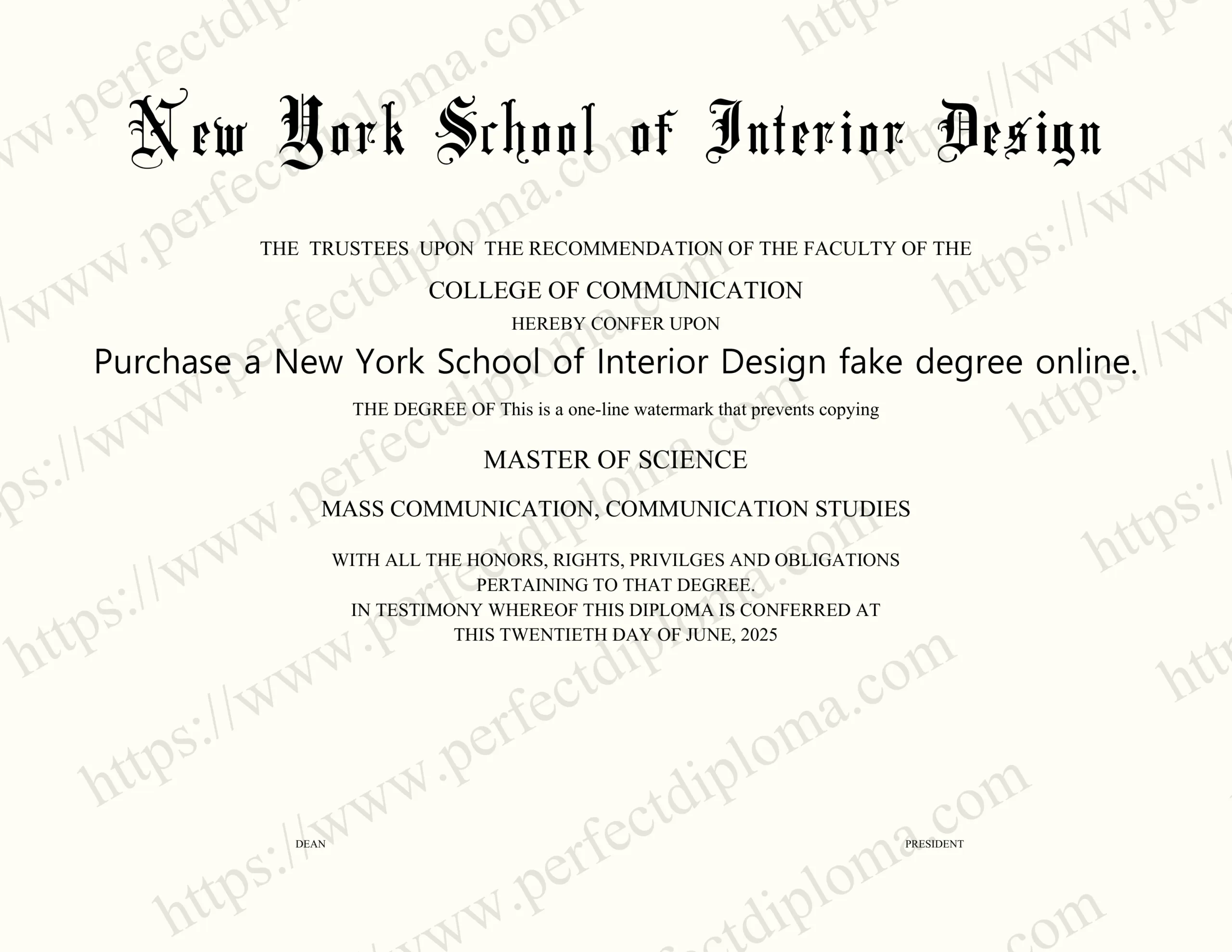 Purchase a New York School of Interior Design fake degree online.