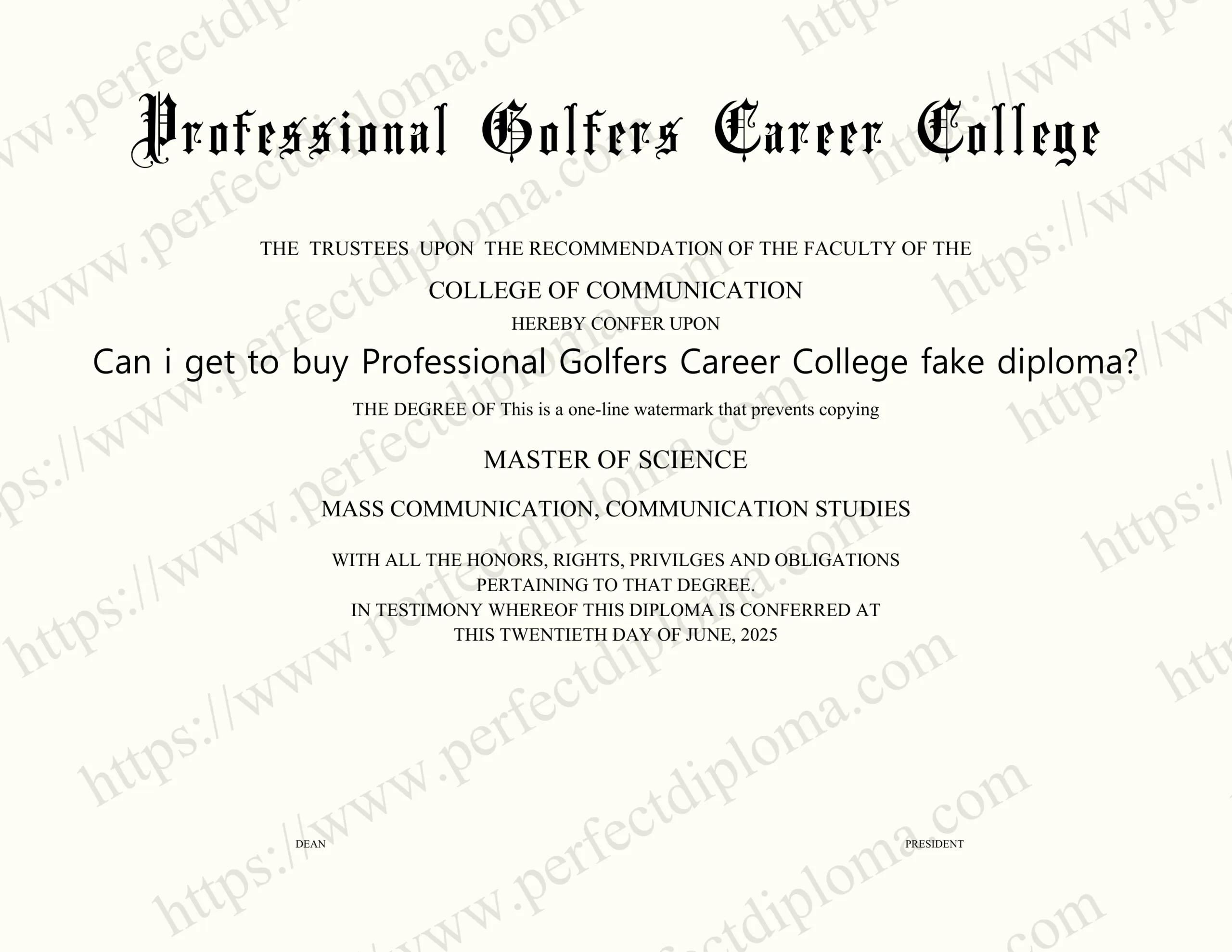 Can i get to buy Professional Golfers Career College fake diploma?