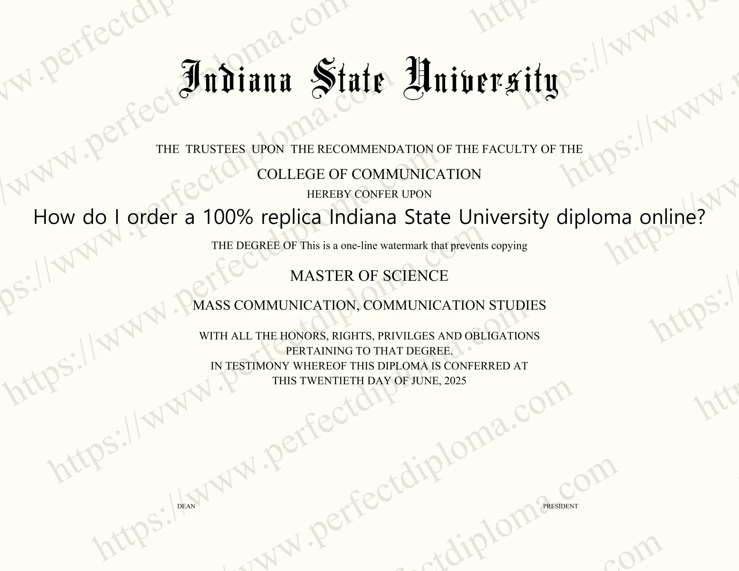 How do I order a 100% replica Indiana State University diploma online?