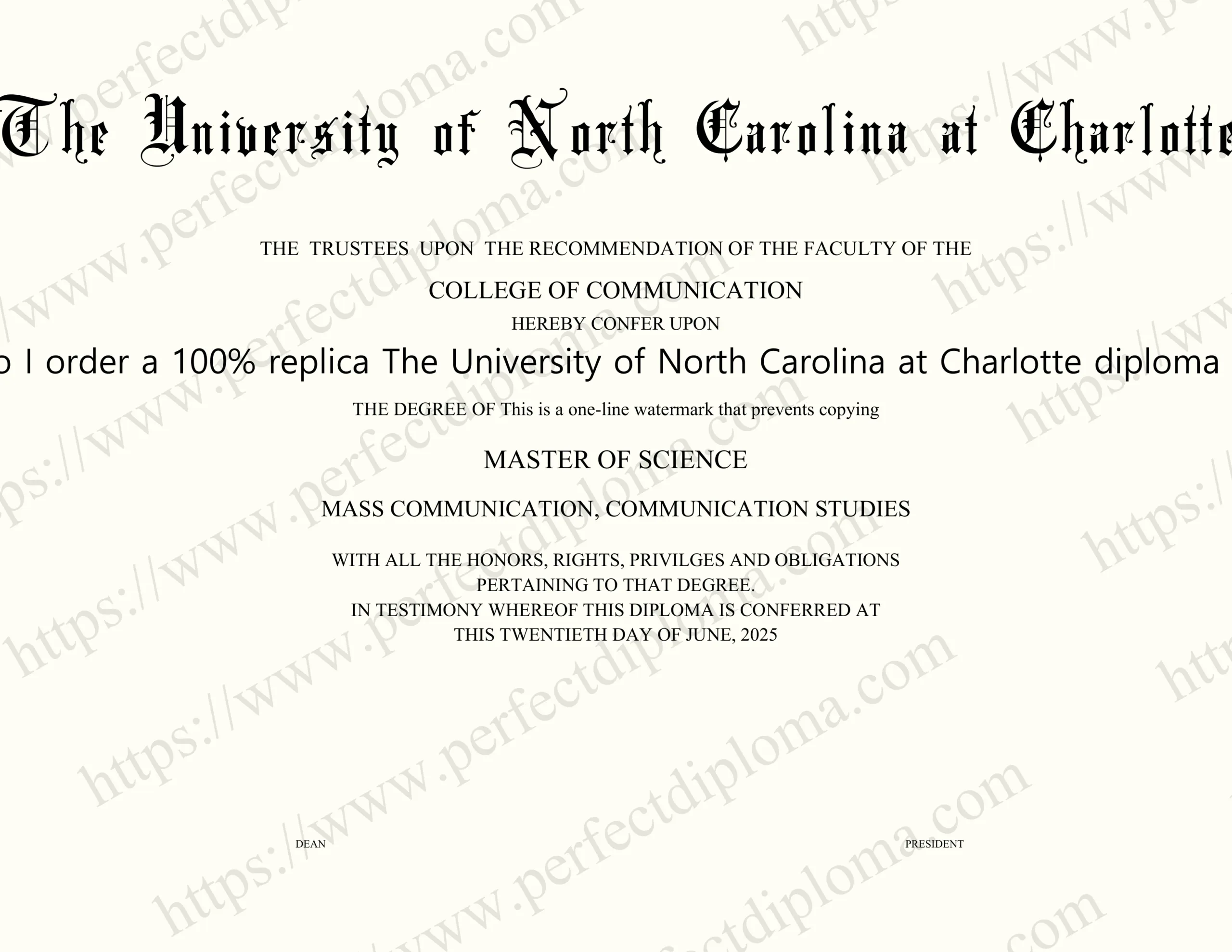How do I order a 100% replica The University of North Carolina at Charlotte diploma online?