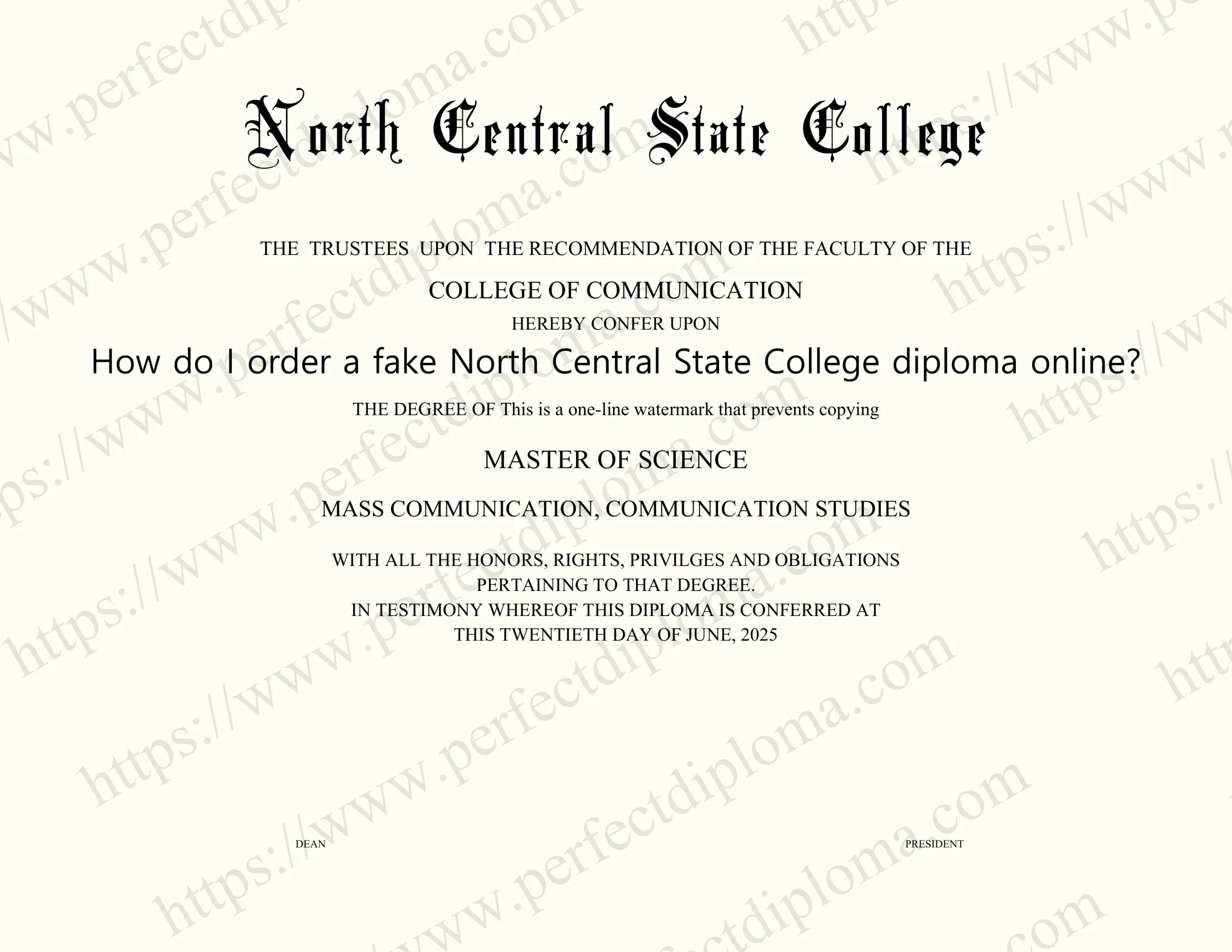 How do I order a fake North Central State College diploma online?
