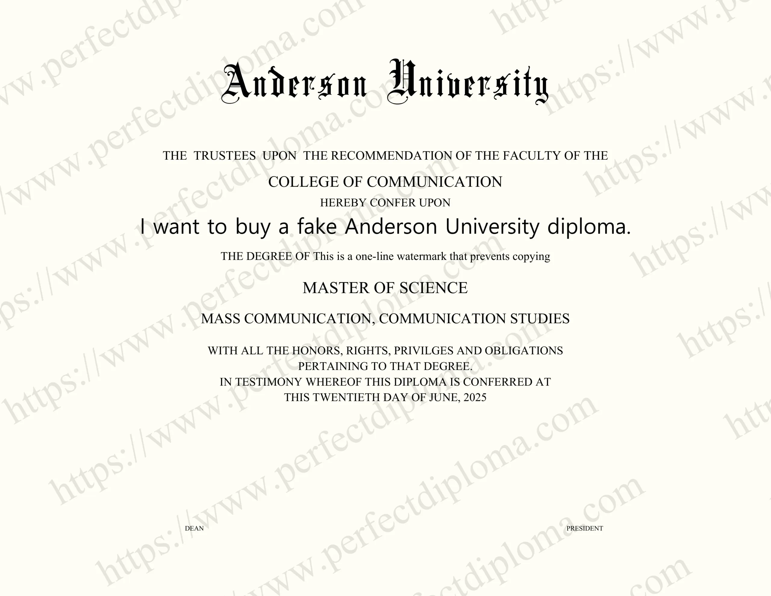 I want to buy a fake Anderson University diploma.