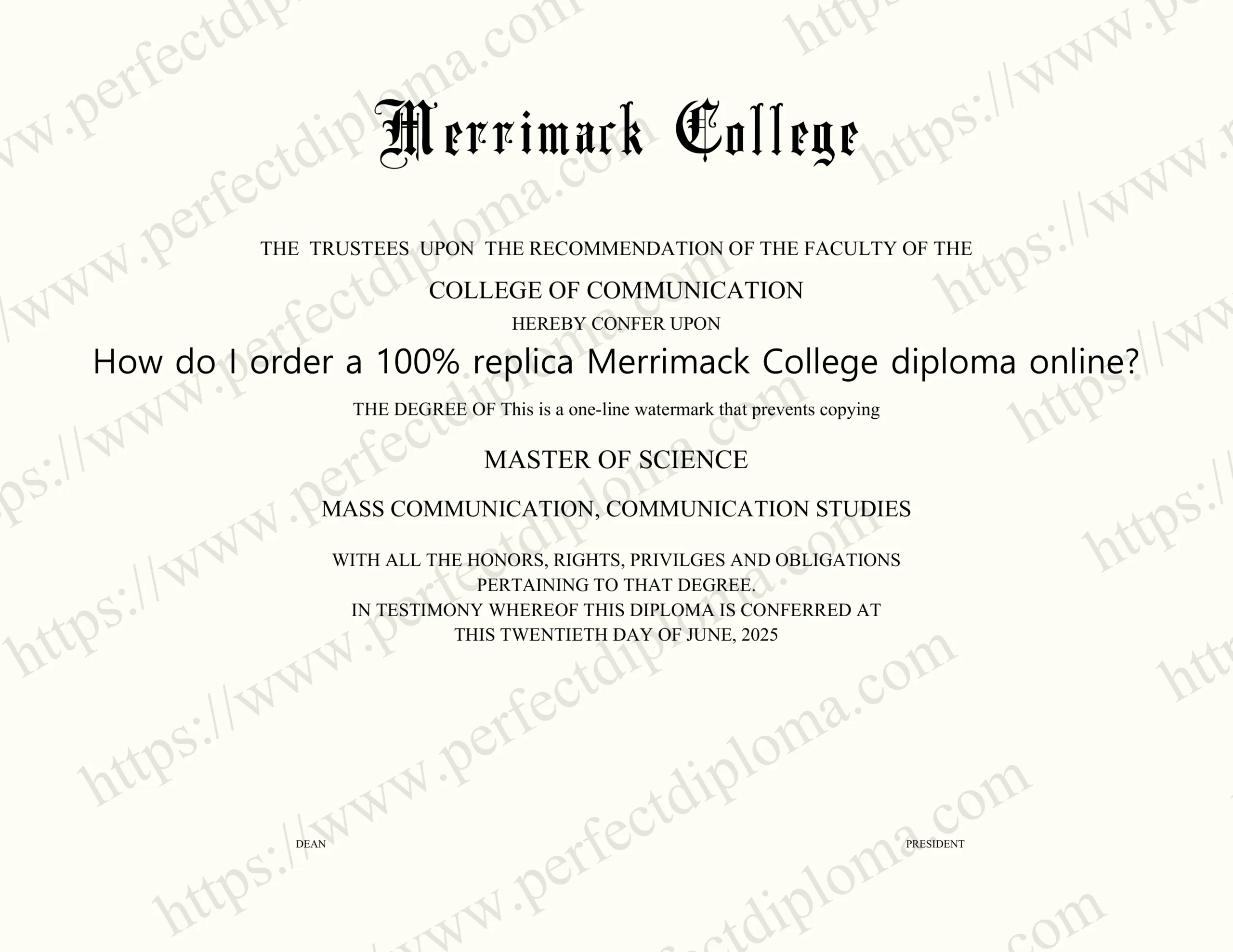 How do I order a 100% replica Merrimack College diploma online?