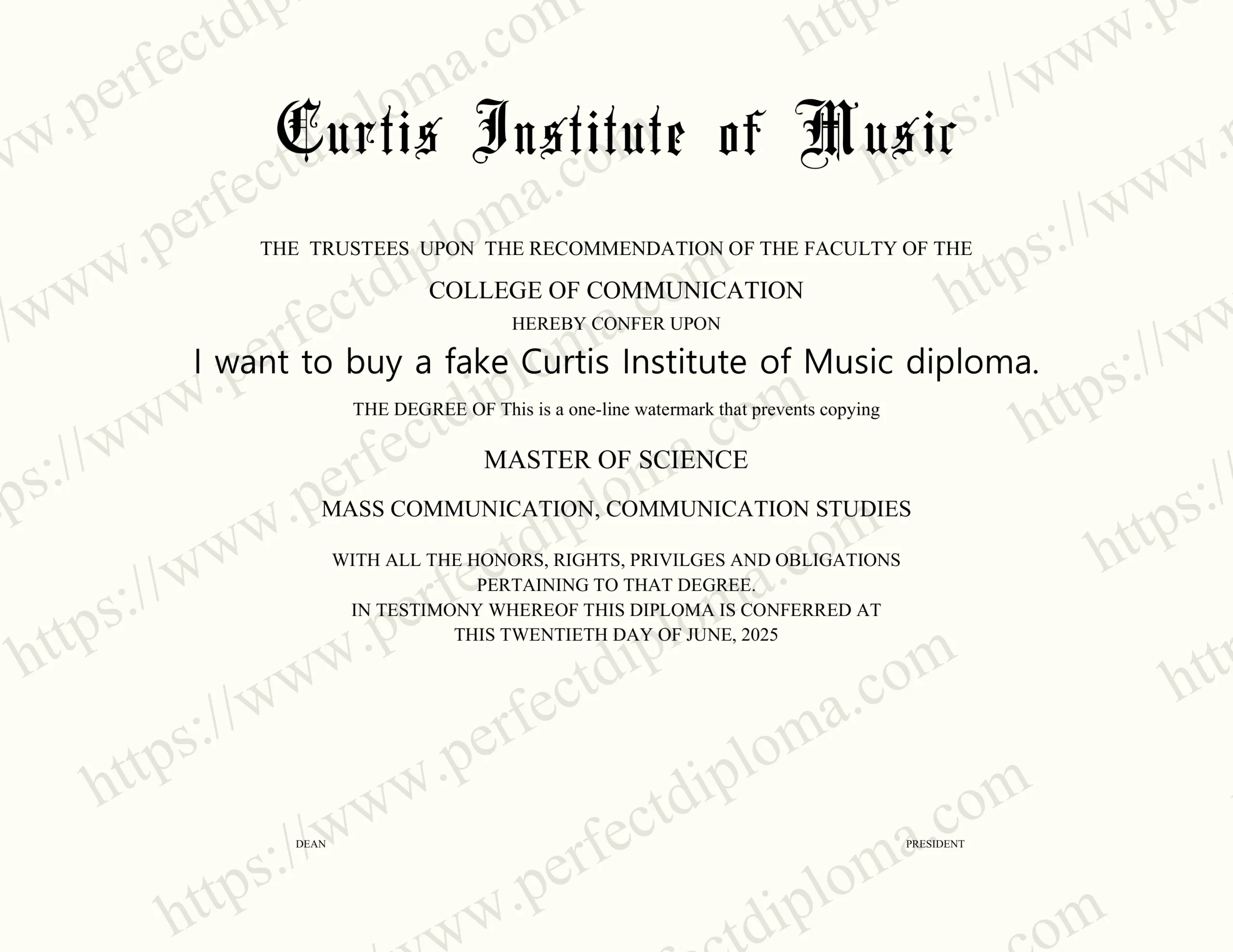 I want to buy a fake Curtis Institute of Music diploma.