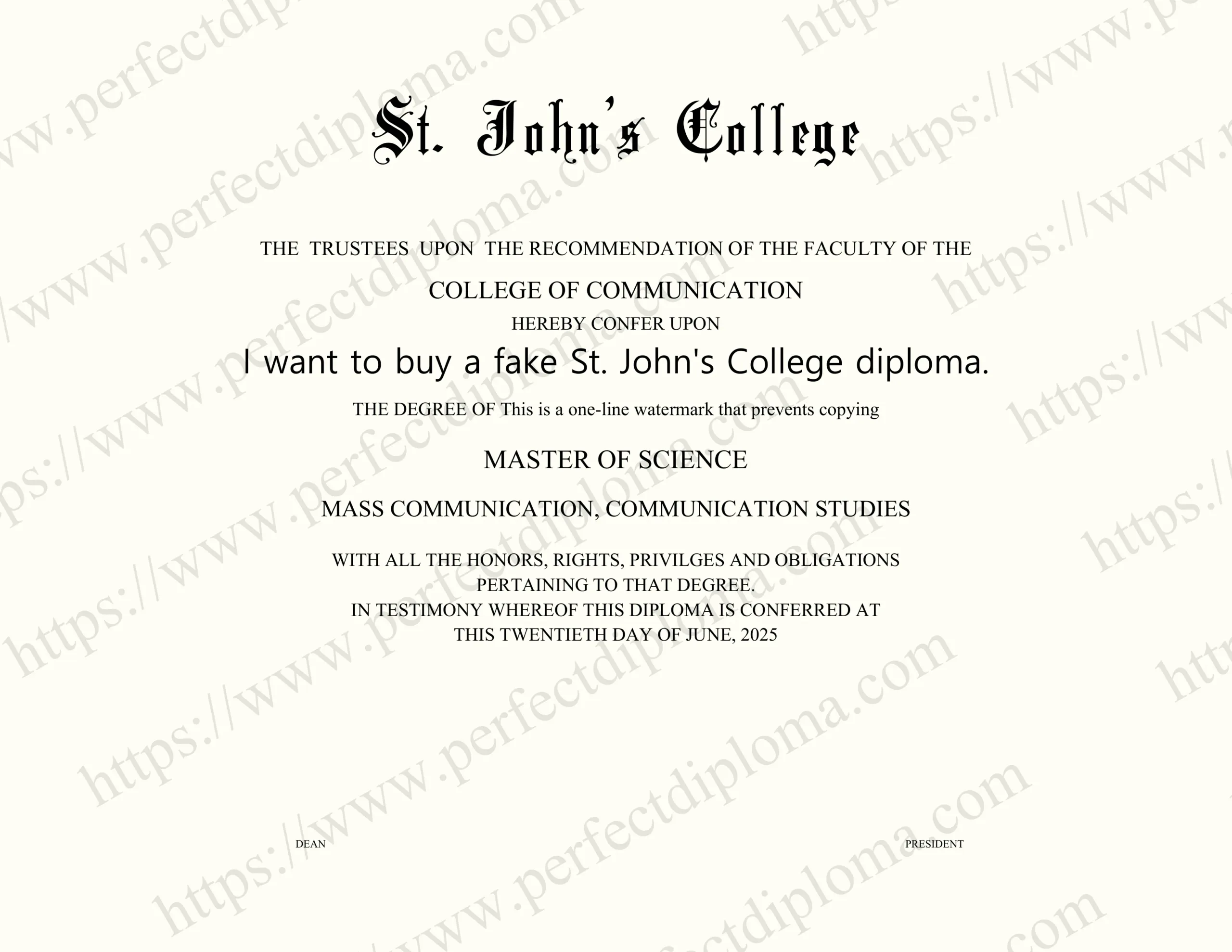 I want to buy a fake St. John's College diploma.